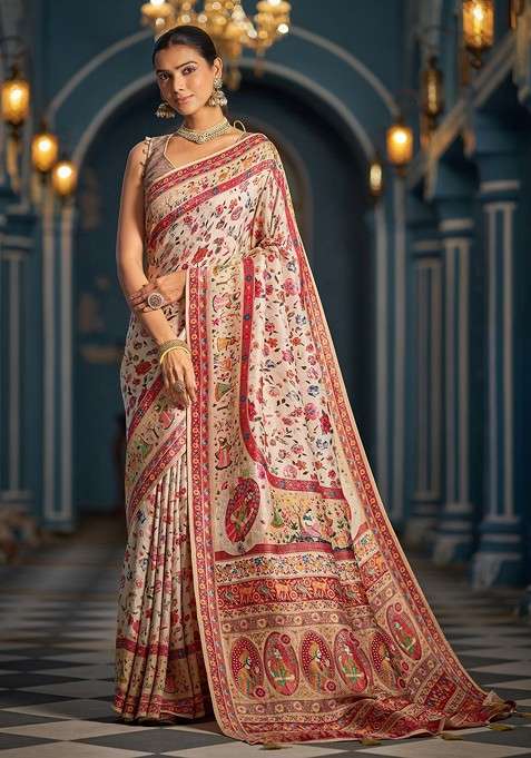 Cream Embroidered Blended Saree Set