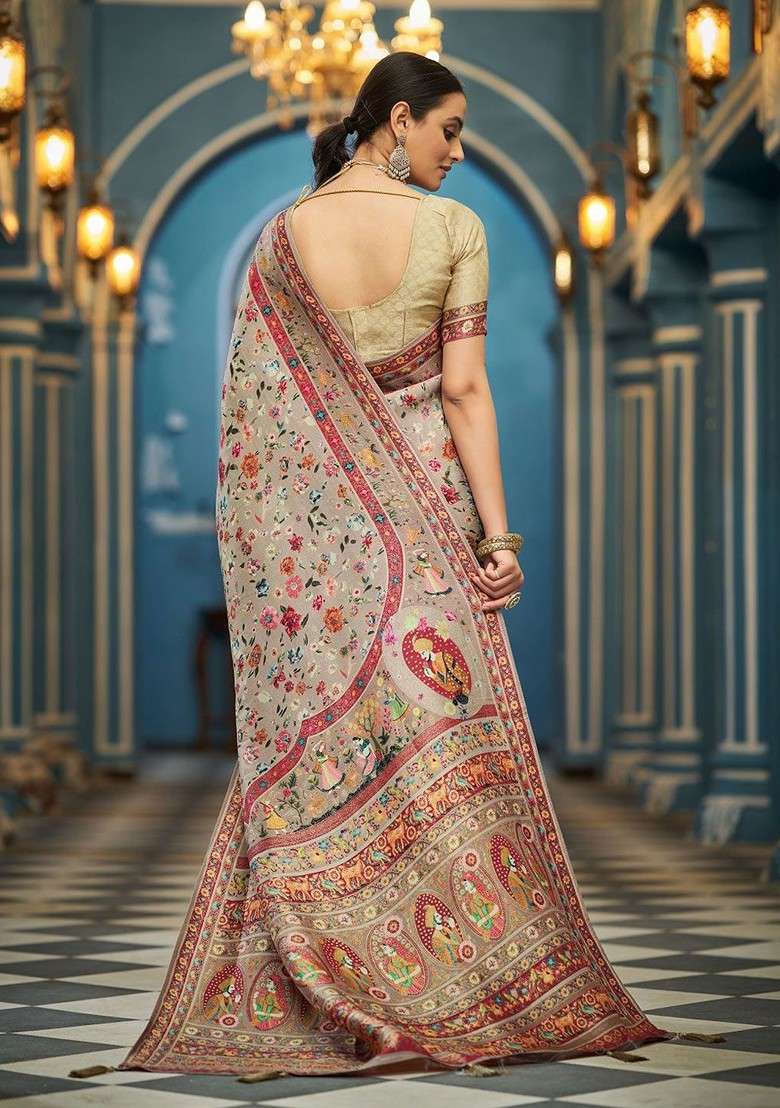 Beige Jacquard Blended Saree Set - Indya