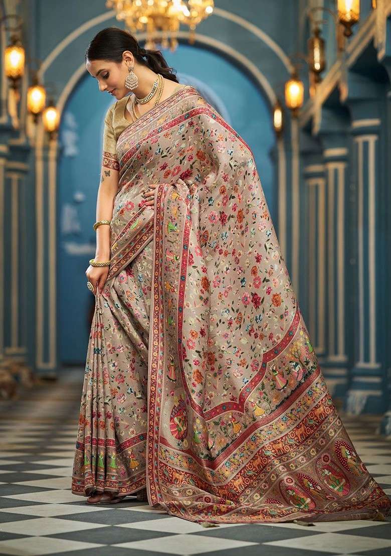 Beige Jacquard Blended Saree Set - Indya