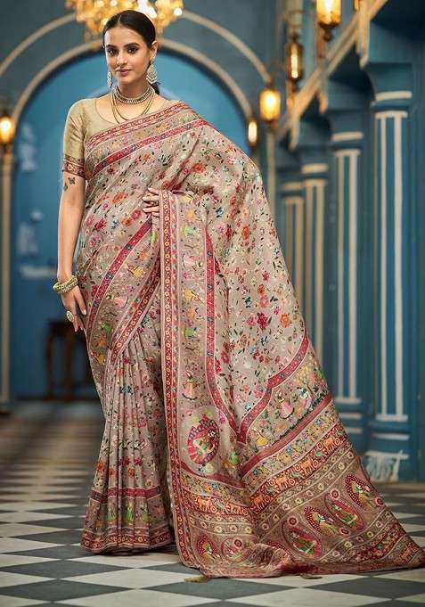 Beige Jacquard Blended Saree Set