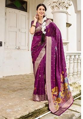 Magenta Embroidered Blended Saree Set