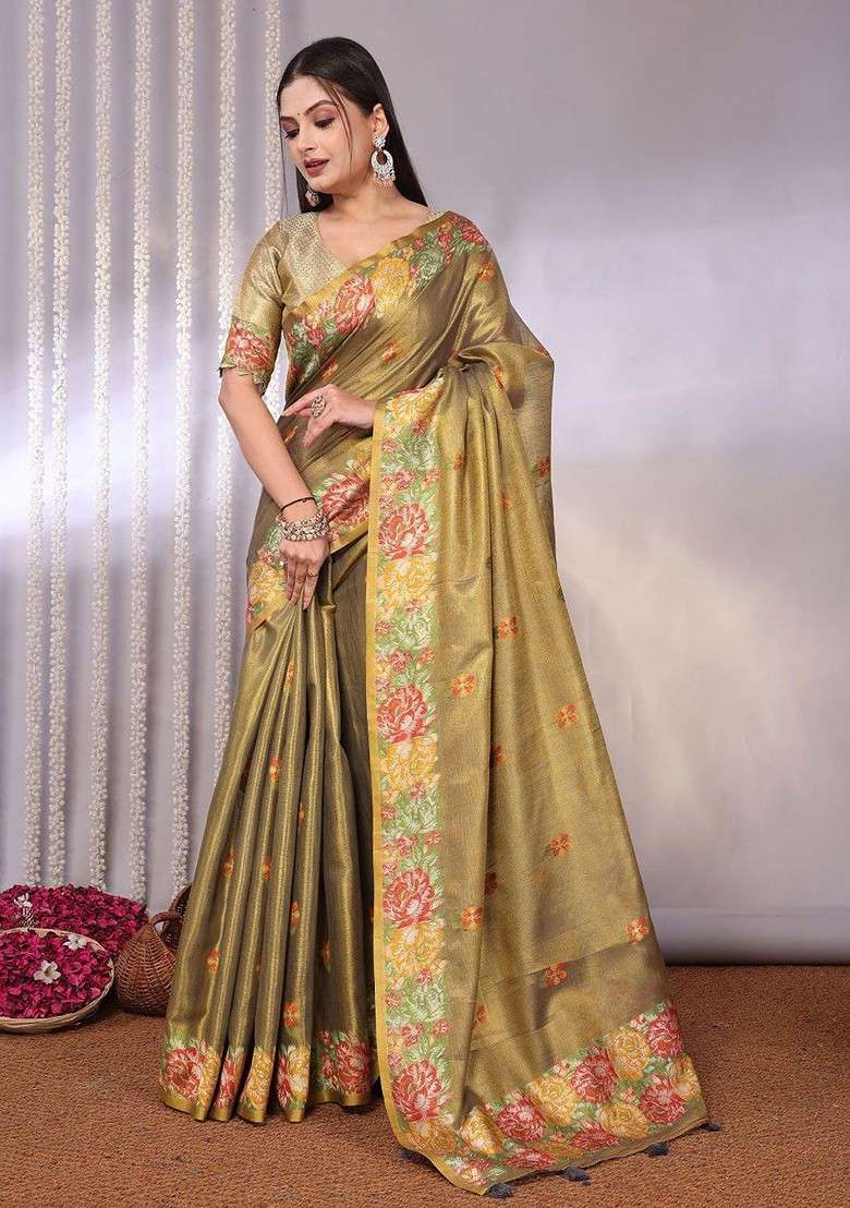 Gold Blended Saree Set with Embroidered for Diwali | Wedding & Festive Wear - Indya