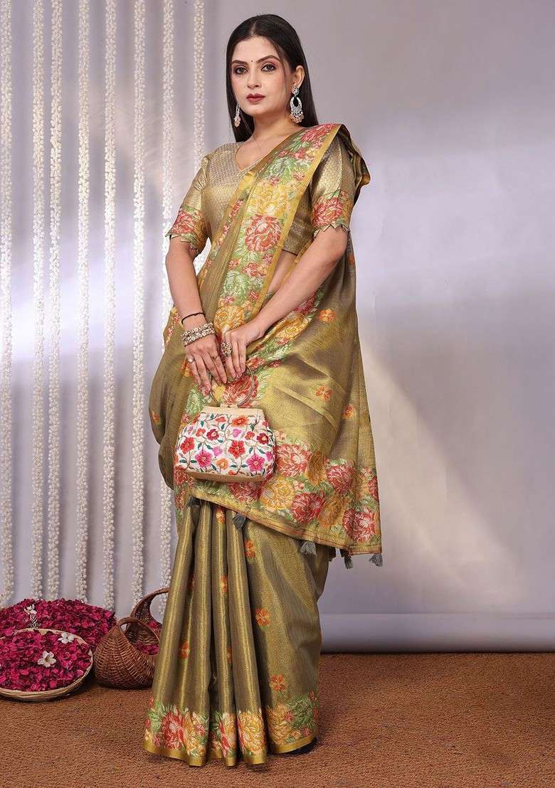 Gold Blended Saree Set with Embroidered for Diwali | Wedding & Festive Wear - Indya