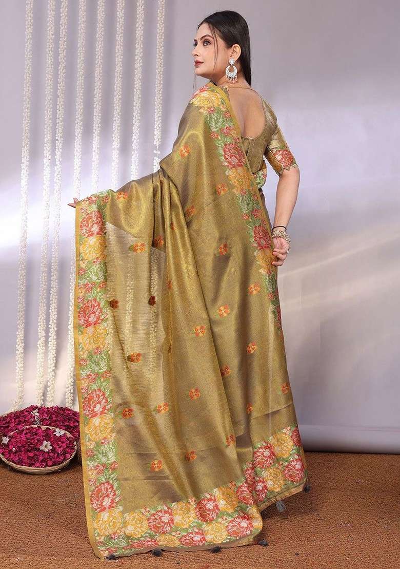 Gold Blended Saree Set with Embroidered for Diwali | Wedding & Festive Wear - Indya