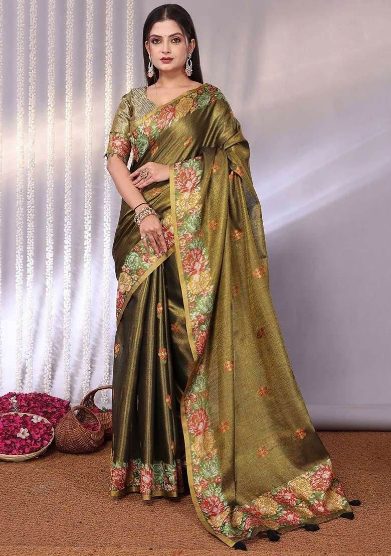 Olive Printed Blended Saree Set for Diwali and Festive Wear - Indya