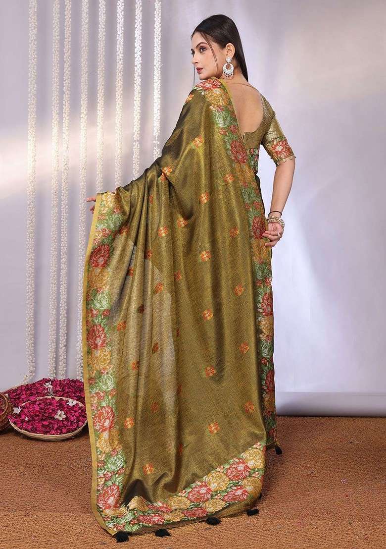 Olive Printed Blended Saree Set for Diwali and Festive Wear - Indya