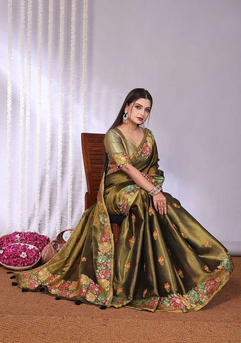 Olive Printed Blended Saree Set for Diwali and Festive Wear - Indya