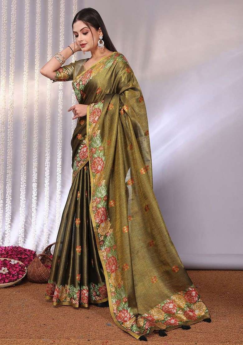 Olive Printed Blended Saree Set for Diwali and Festive Wear - Indya