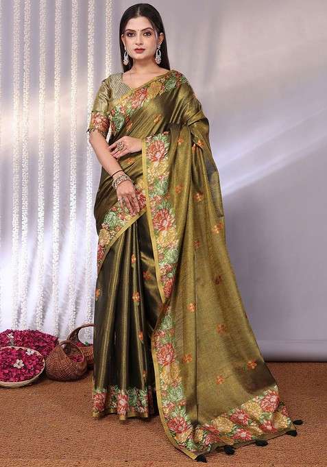 Olive Printed Blended Saree Set for Diwali and Festive Wear