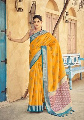 Yellow Jacquard Blended Saree Set