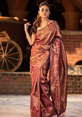Maroon Embroidered Blended Saree Set