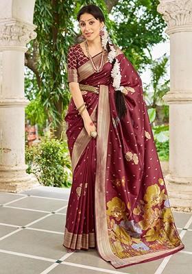 Maroon Embroidered Blended Saree Set