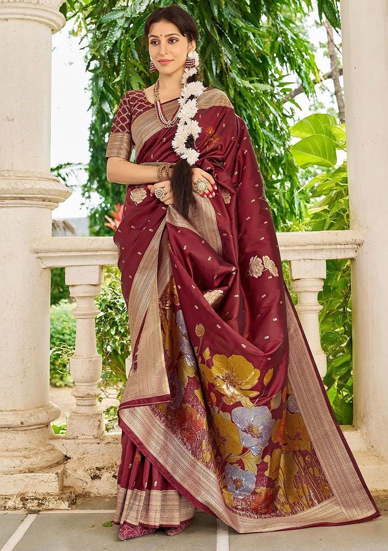 Maroon Embroidered Blended Saree Set - Indya