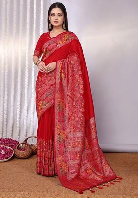 Red Embroidered Blended Saree Set