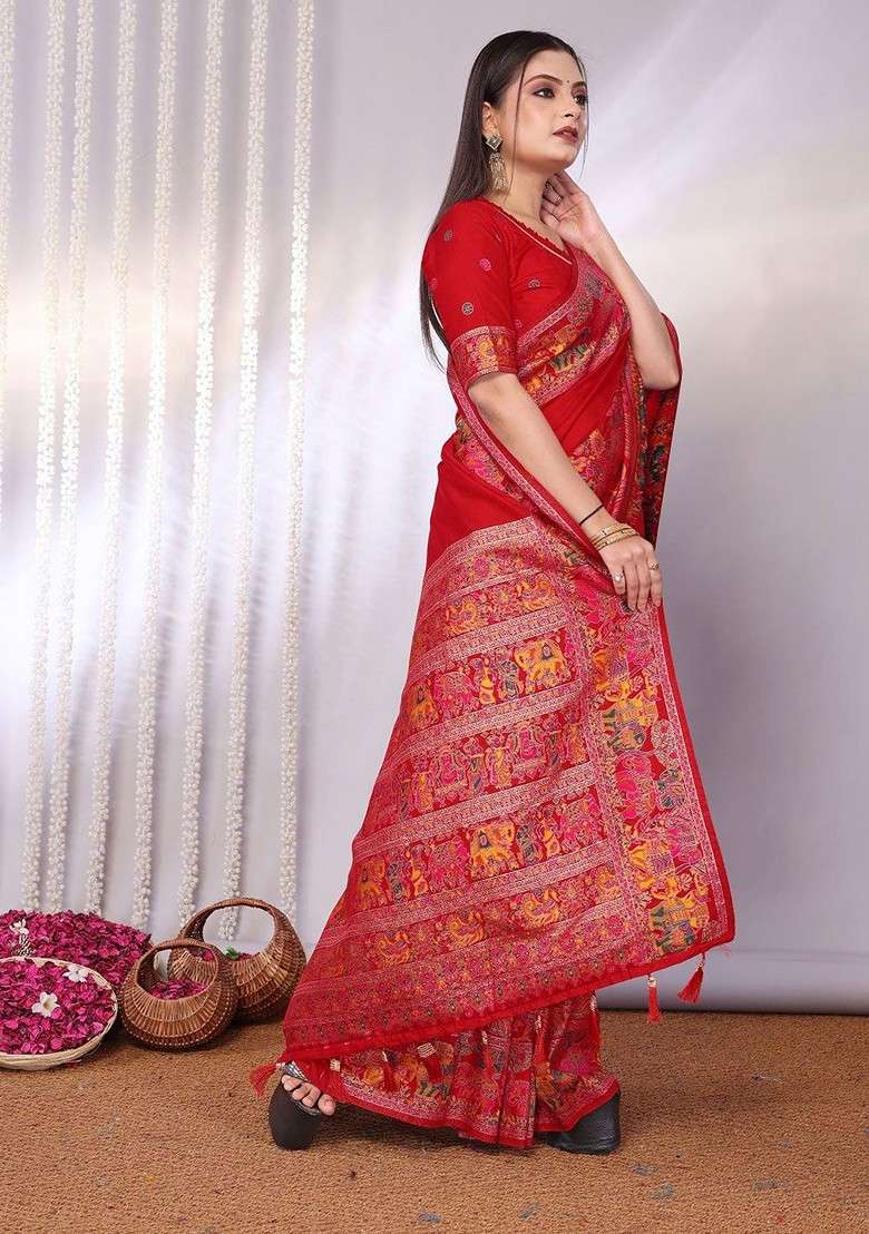 Red Embroidered Blended Saree Set - Indya