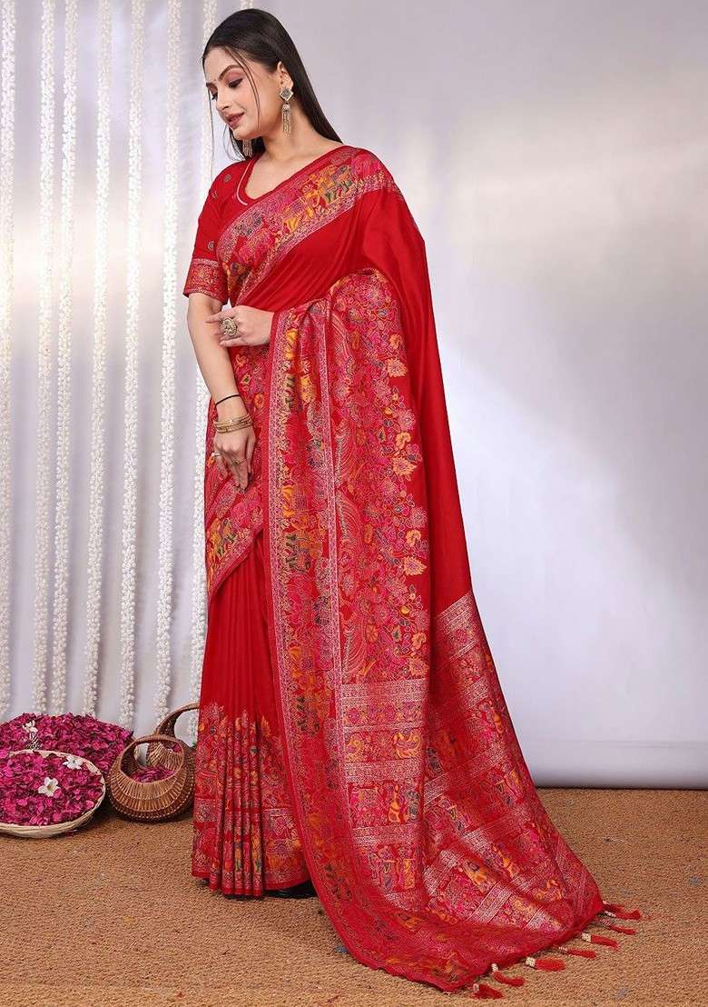 Red Embroidered Blended Saree Set - Indya