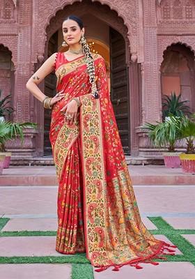 Red Embroidered Blended Saree Set