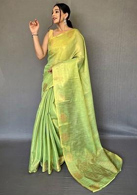 Green Embellished Blended Saree Set