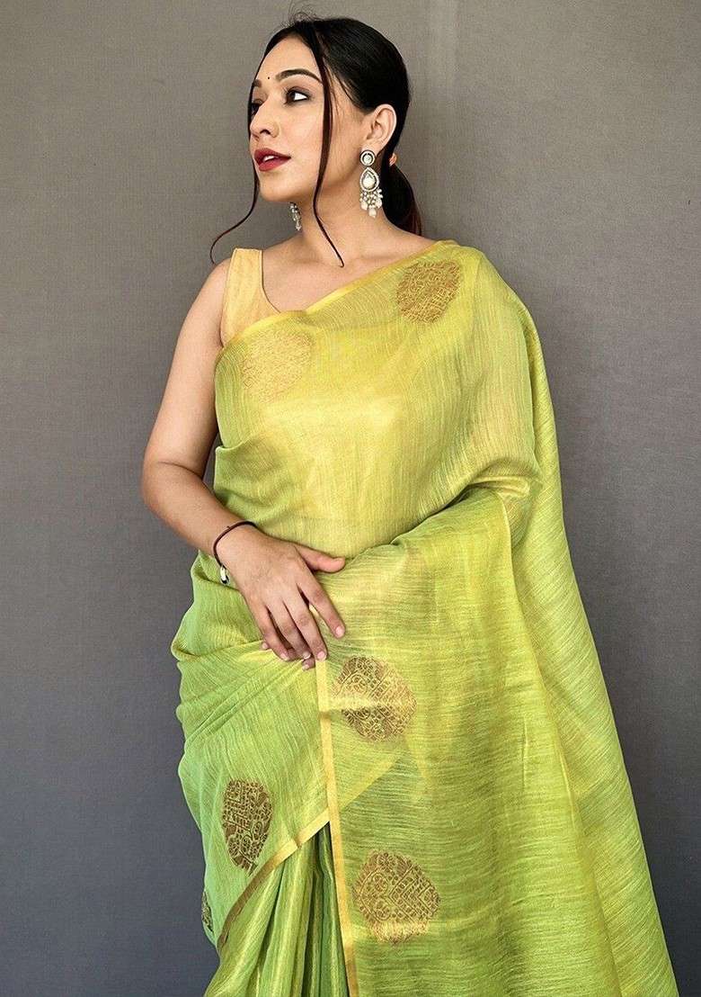 Green Embellished Blended Saree Set for Diwali and Festive Wear - Indya