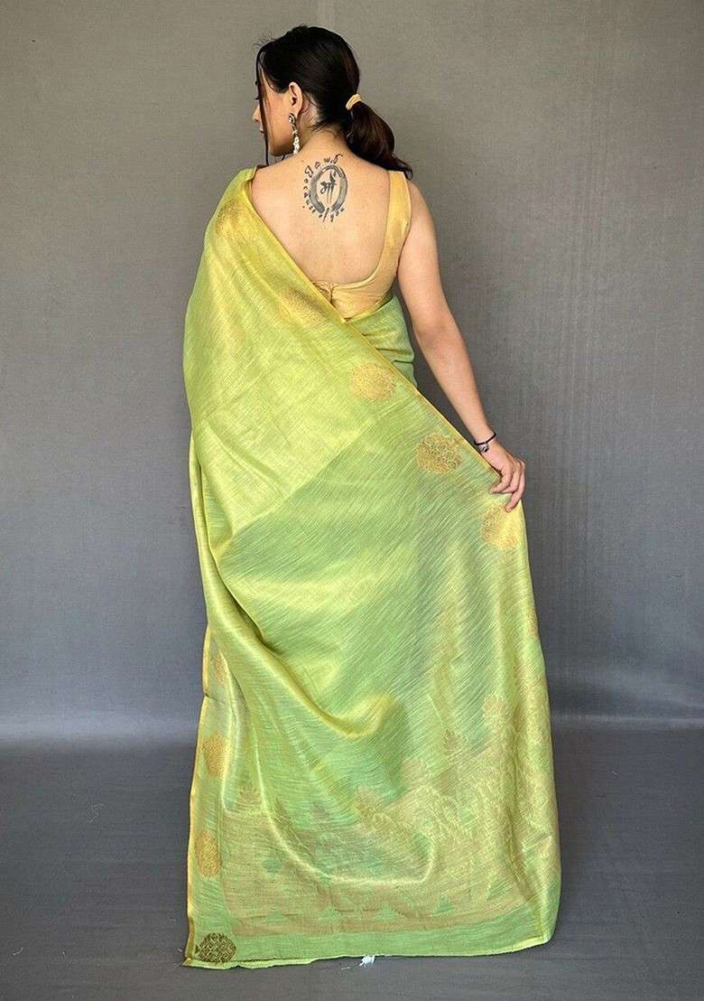 Green Embellished Blended Saree Set for Diwali and Festive Wear - Indya