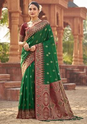 Green Jacquard Blended Saree Set