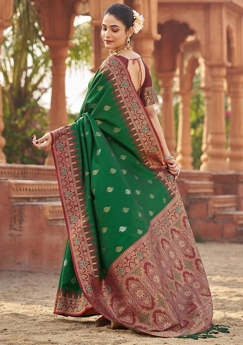 Green Jacquard Blended Saree Set - Indya