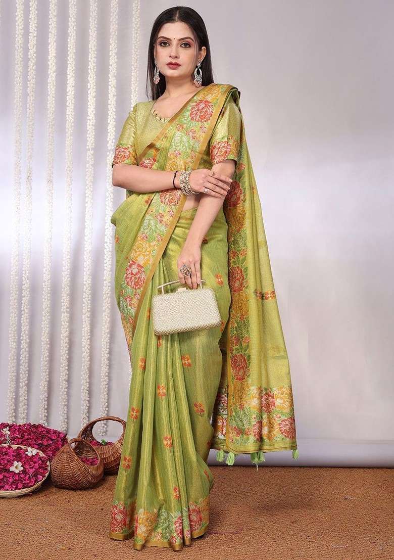 Lime Green Jacquard Blended Saree Set for Diwali and Festive Wear - Indya