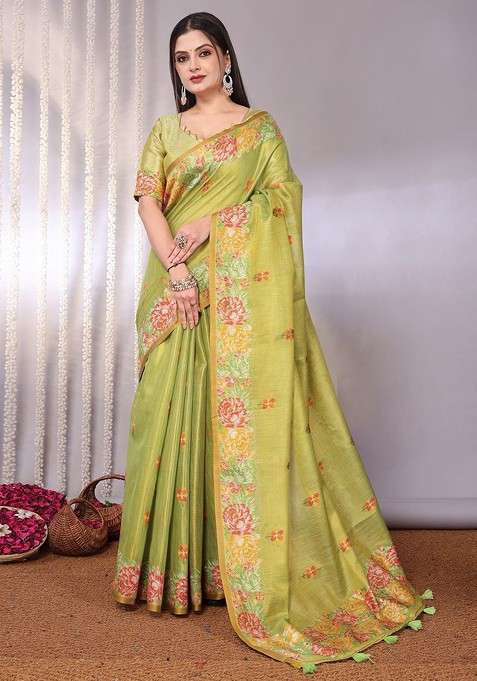 Lime Green Jacquard Blended Saree Set for Diwali and Festive Wear