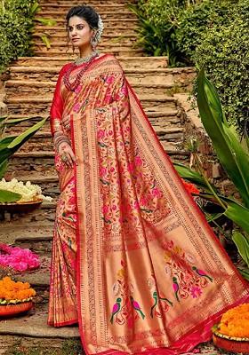Red Embroidered Blended Saree Set