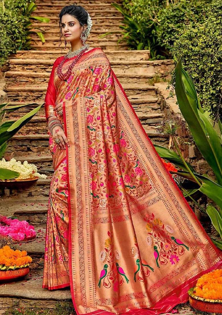 Red Embroidered Blended Saree Set for Diwali and Festive Wear - Indya