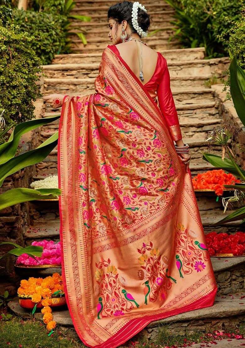 Red Embroidered Blended Saree Set for Diwali and Festive Wear - Indya
