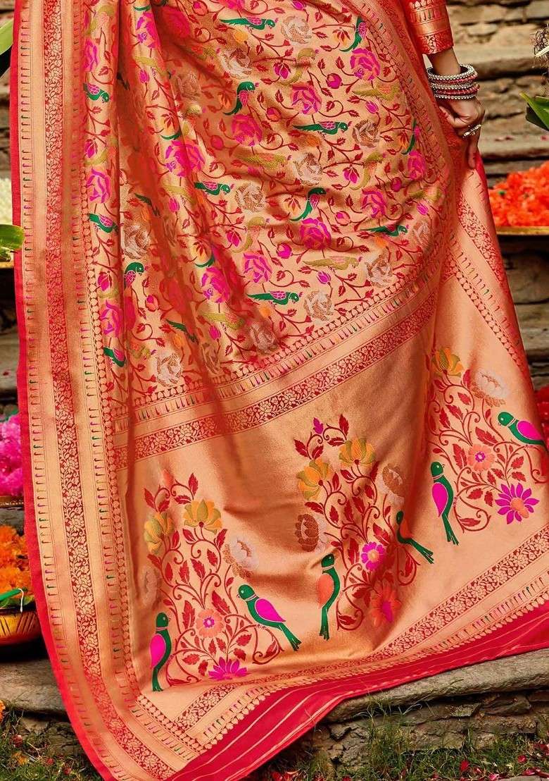 Red Embroidered Blended Saree Set for Diwali and Festive Wear - Indya