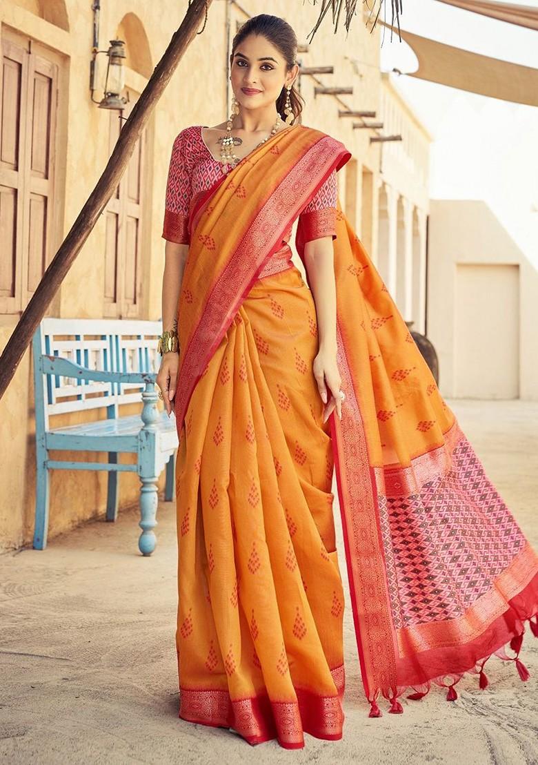 Orange Embroidered Blended Saree Set - Indya