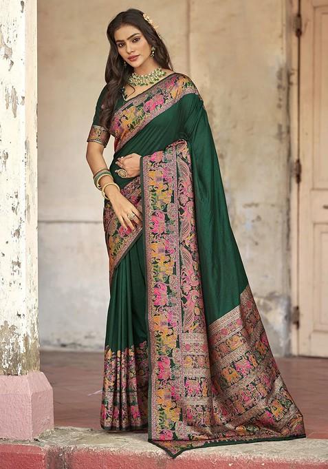 Green Embroidered Blended Saree Set