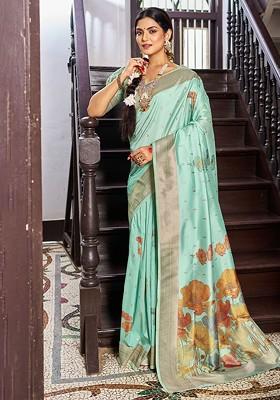 Turquoise Blue Embroidered Blended Saree Set