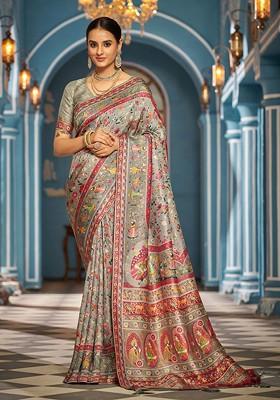 Grey Embroidered Blended Saree Set
