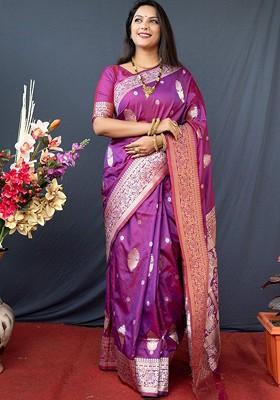 Magenta Embroidered Blended Saree Set