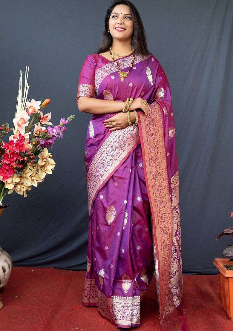 Magenta Embroidered Blended Saree Set for Diwali and Festive Wear - Indya