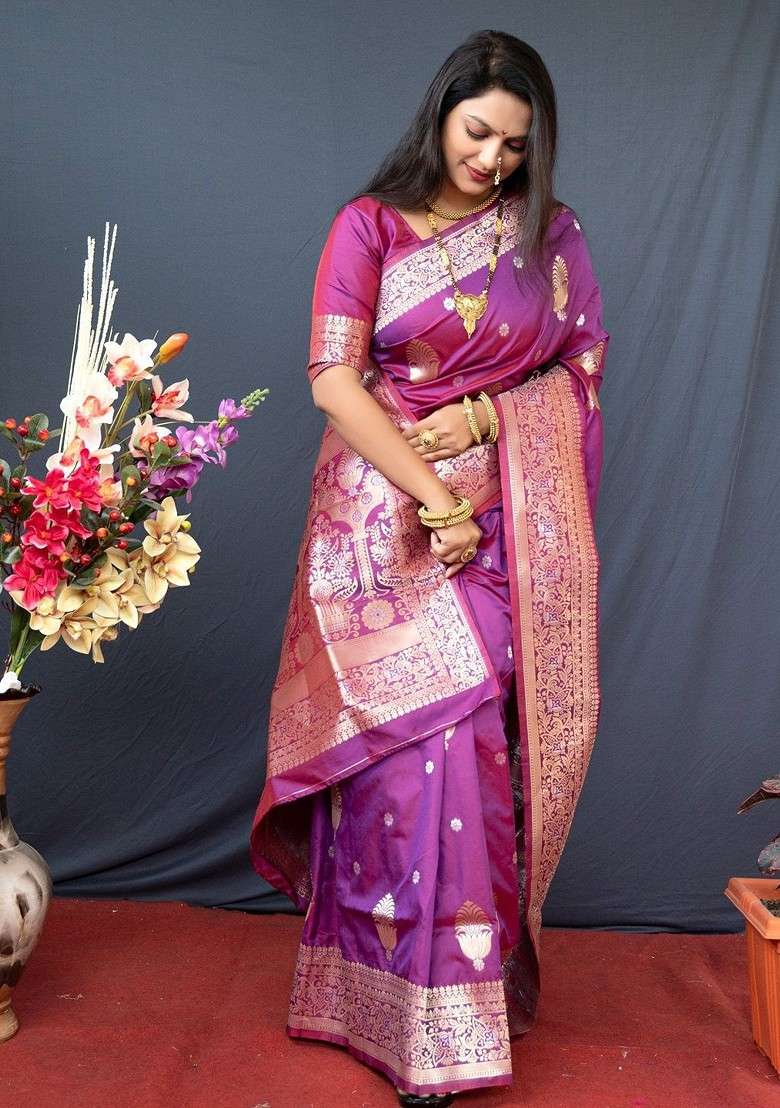 Magenta Embroidered Blended Saree Set for Diwali and Festive Wear - Indya