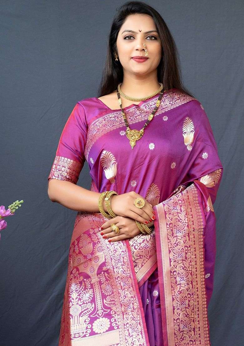 Magenta Embroidered Blended Saree Set for Diwali and Festive Wear - Indya