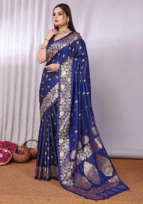 Navy Blue Jacquard Blended Saree Set