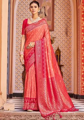 Peach Embroidered Blended Saree Set