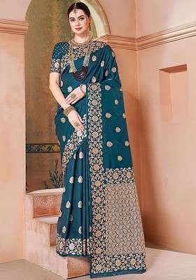 Teal Embroidered Blended Saree Set