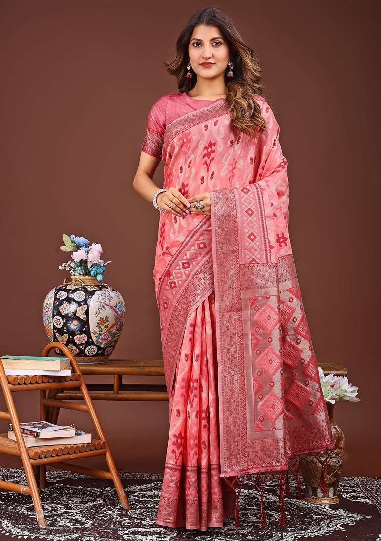 Peach Printed Blended Saree Set - Indya