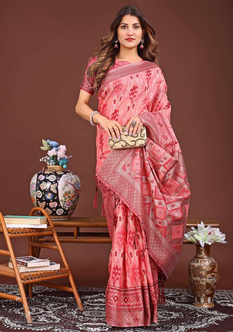 Peach Printed Blended Saree Set - Indya