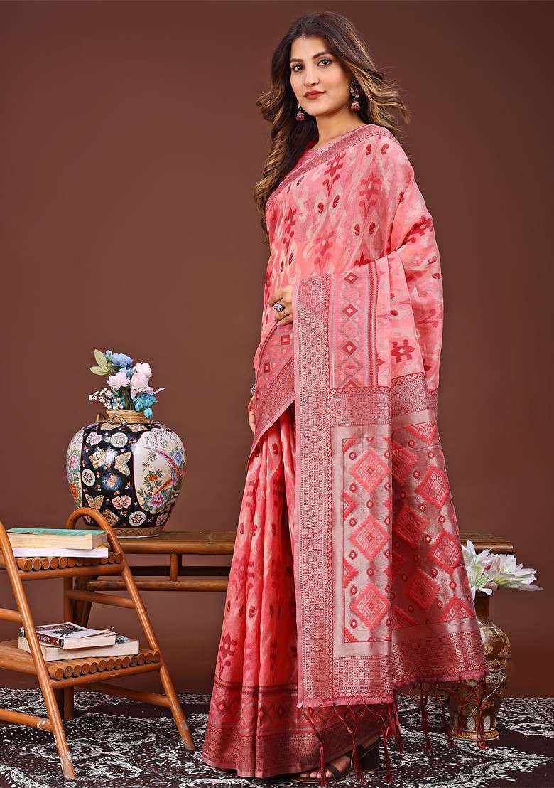 Peach Printed Blended Saree Set - Indya