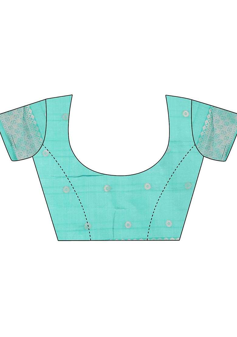 Turquoise Blue Embroidered Blended Saree Set - Indya