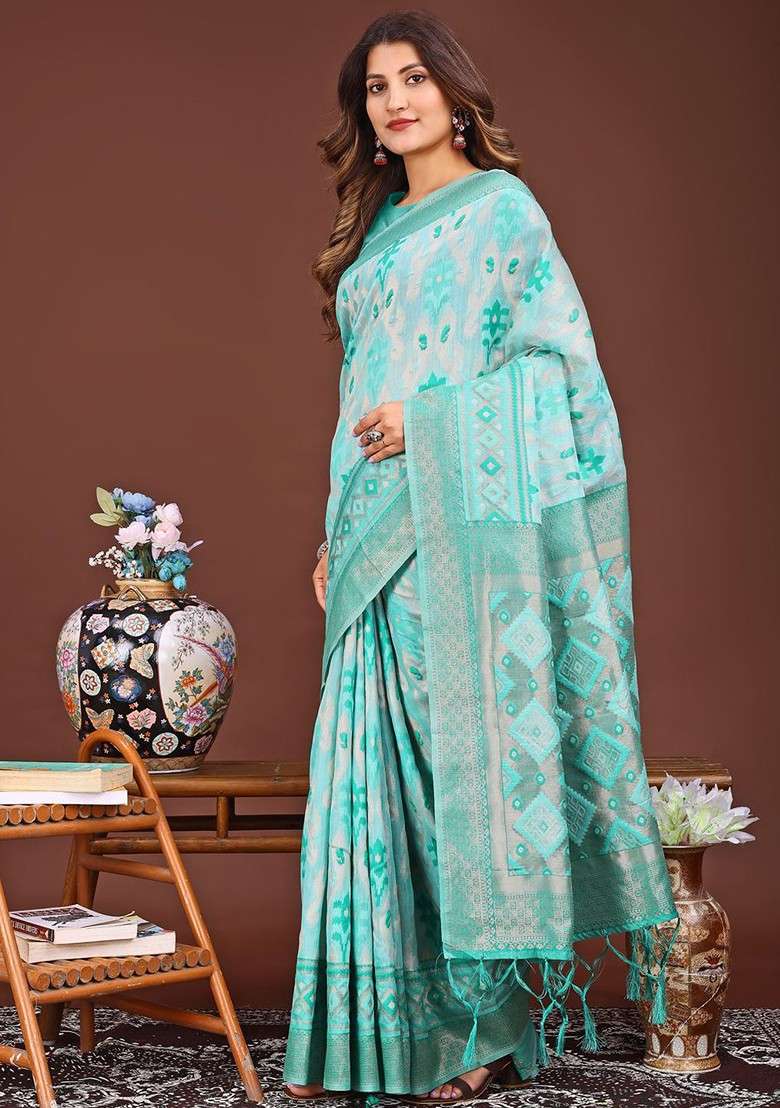 Turquoise Blue Embroidered Blended Saree Set - Indya