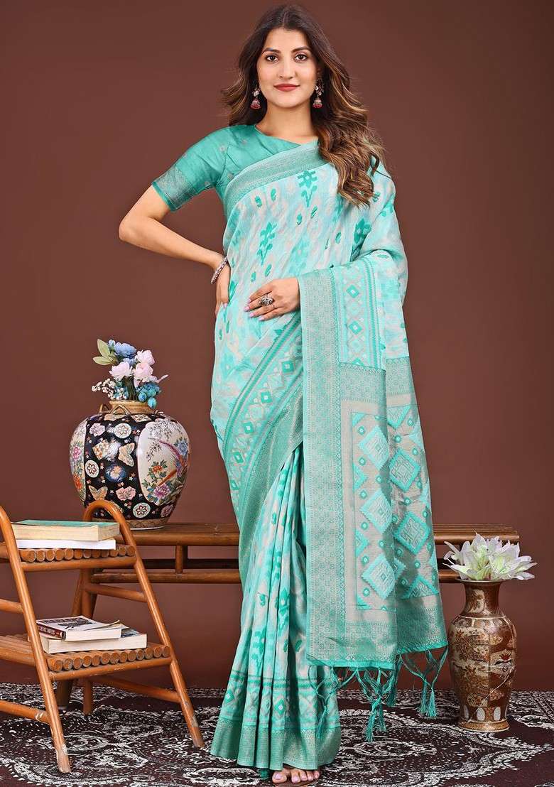 Turquoise Blue Embroidered Blended Saree Set - Indya