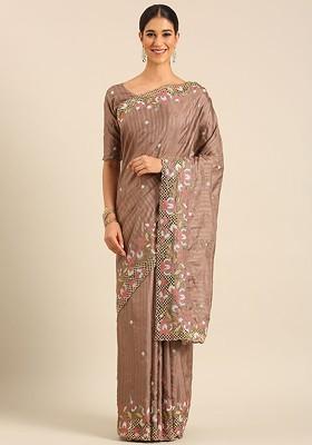 Brown Embellished Blended Saree Set